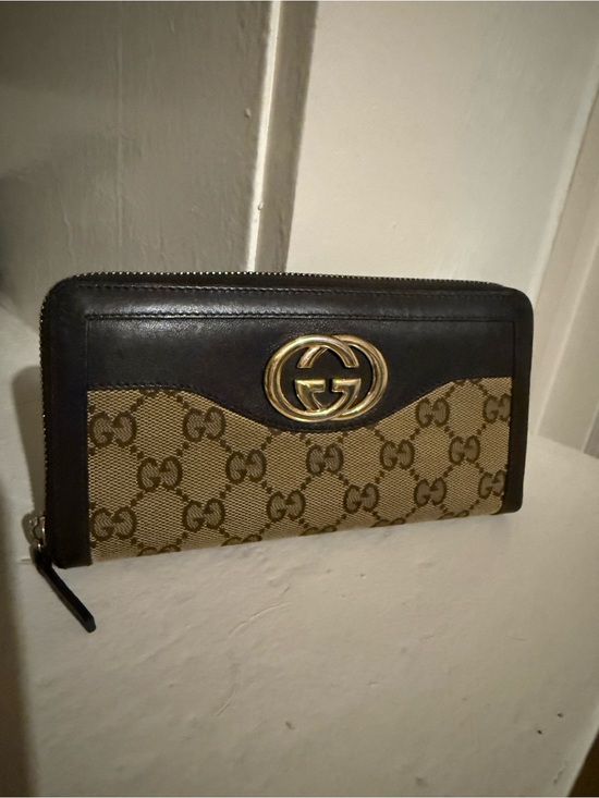 Gucci Accessories - Gucci Black Leather & Beige GG Canvas Zip Wallet with Gold GG Emblem